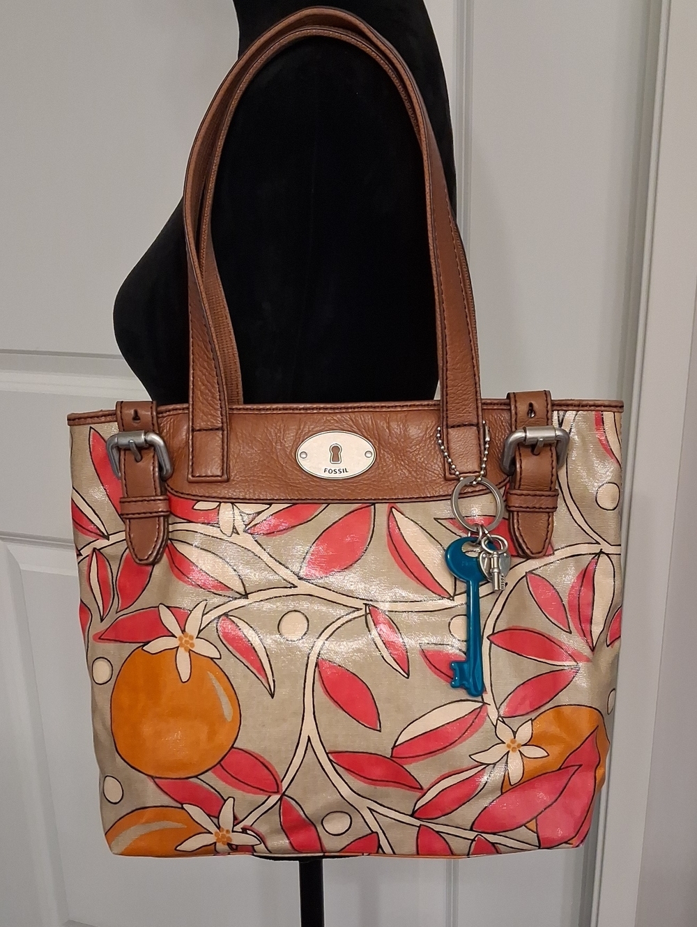 Vintage Fossil Genuine Leather Waxed Canvas Hot Pink Orange & Tan Shoulder Bag